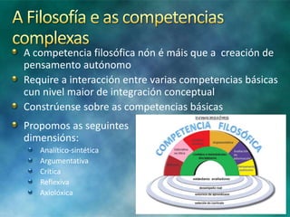 A competencia filosófica nón é máis que a creación de
pensamento autónomo
Require a interacción entre varias competencias básicas
cun nivel maior de integración conceptual
Constrúense sobre as competencias básicas
Propomos as seguintes
dimensións:
Analítico-sintética
Argumentativa
Crítica
Reflexiva
Axiolóxica

 