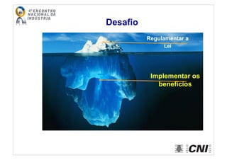 Regulamentar a
Lei
Implementar os
benefícios
Desafio
 