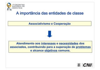 Associativismo e Cooperação
Atendimento aos interesses e necessidades dos
associados, contribuindo para a superação de problemas
e alcance objetivos comuns.
A importância das entidades de classe
 