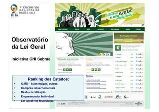 Observatório
da Lei Geral
Iniciativa CNI Sebrae
Ranking dos Estados:
•  ICMS – Substituição, outros;
•  Compras Governamentais
•  Desburocratização
•  Empreendedor Individual
•  Lei Geral nos Municípios
 