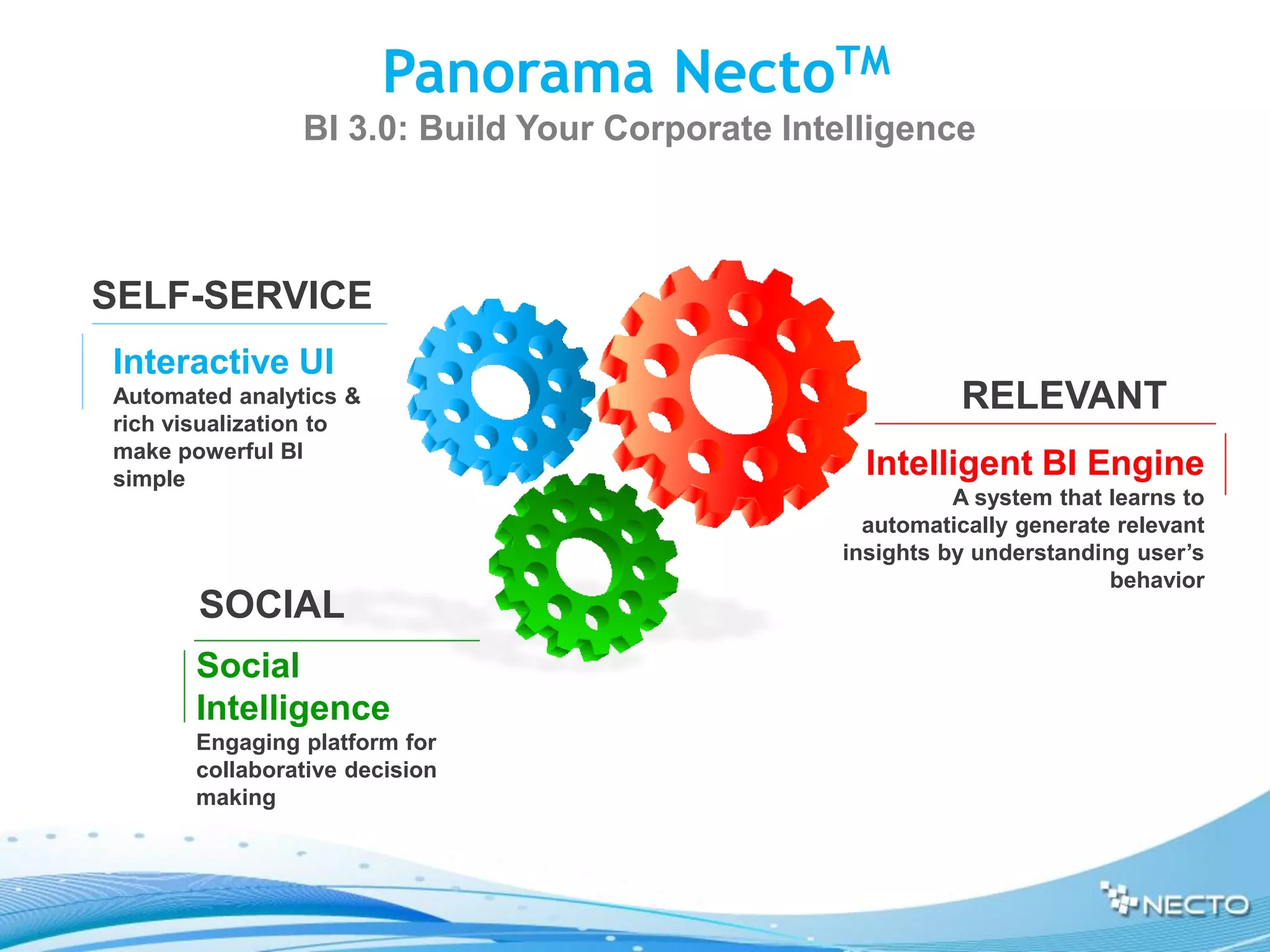 Panorama NectoTM
                BI 3.0: Build Your Corporate Intelligence



SELF-SERVICE
Interactive UI
Automated analytics &                                     RELEVANT
rich visualization to
make powerful BI
simple
                                                  Intelligent BI Engine
                                                          A system that learns to
                                                  automatically generate relevant
                                                insights by understanding user’s
                                                                        behavior
       SOCIAL
       Social
       Intelligence
       Engaging platform for
       collaborative decision
       making
 
