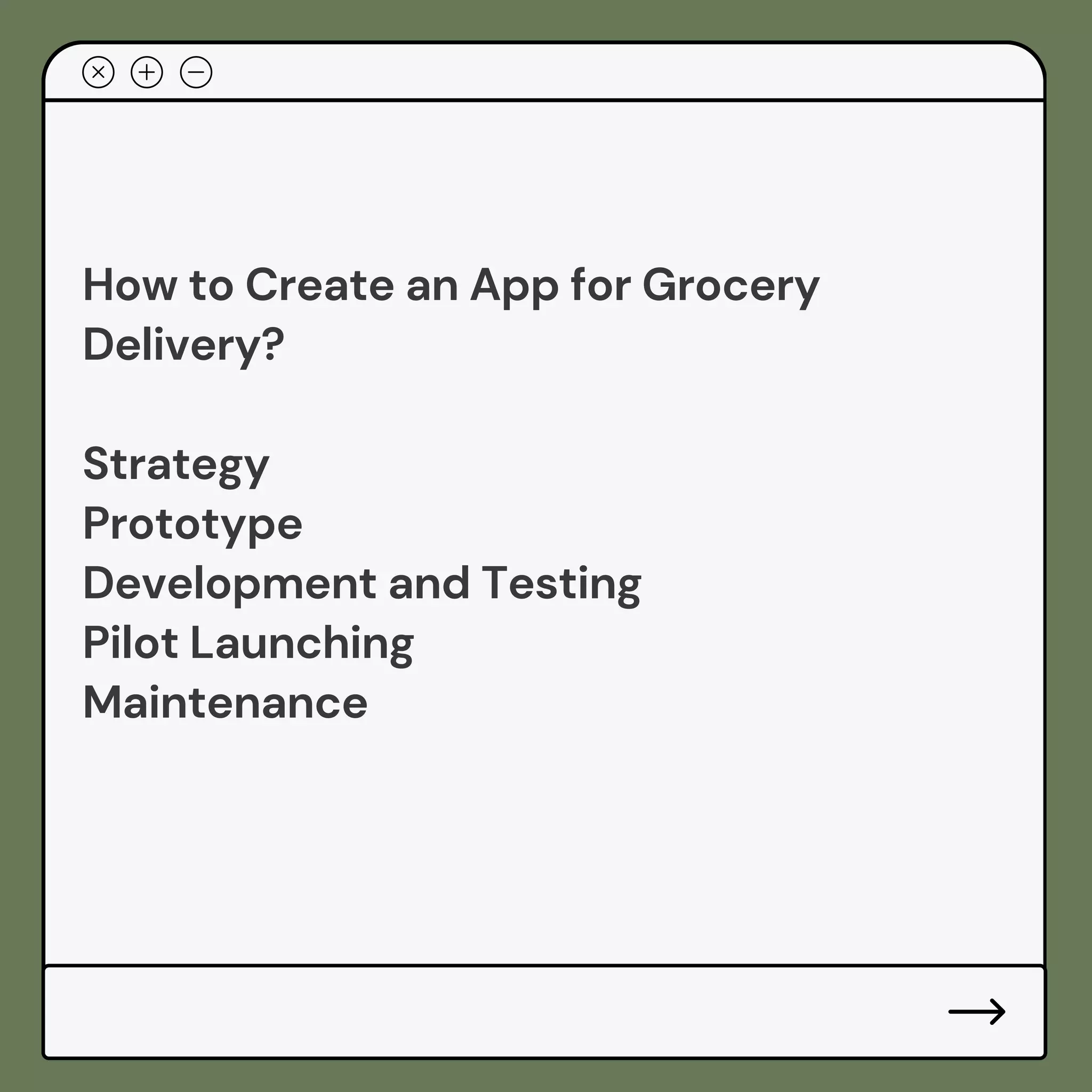 How to Create an App for Grocery
Delivery?
Strategy
Prototype
Development and Testing
Pilot Launching
Maintenance
 