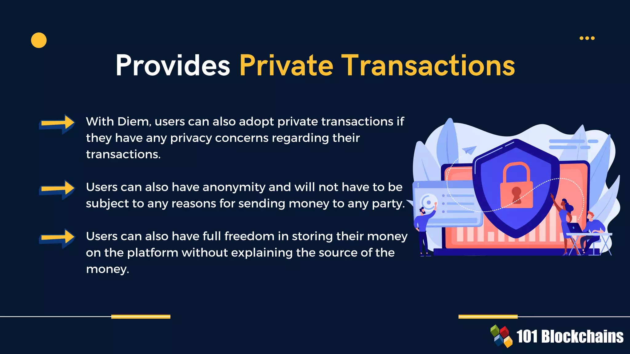 With Diem, users can also adopt private transactions if
they have any privacy concerns regarding their
transactions.
Users can also have anonymity and will not have to be
subject to any reasons for sending money to any party.
Users can also have full freedom in storing their money
on the platform without explaining the source of the
money.
Provides Private Transactions
 