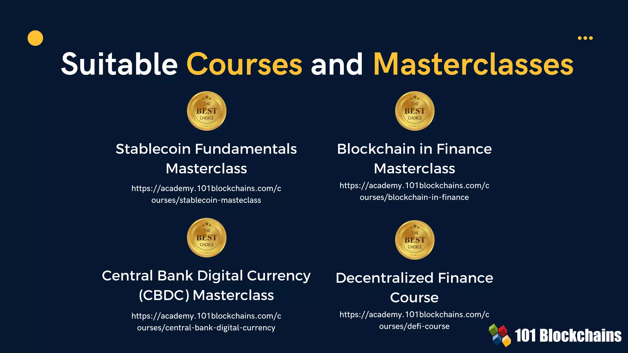 Suitable Courses and Masterclasses
Stablecoin Fundamentals
Masterclass
https://academy.101blockchains.com/c
ourses/stablecoin-masteclass
Blockchain in Finance
Masterclass
https://academy.101blockchains.com/c
ourses/blockchain-in-finance
Central Bank Digital Currency
(CBDC) Masterclass
https://academy.101blockchains.com/c
ourses/central-bank-digital-currency
Decentralized Finance
Course
https://academy.101blockchains.com/c
ourses/defi-course
 