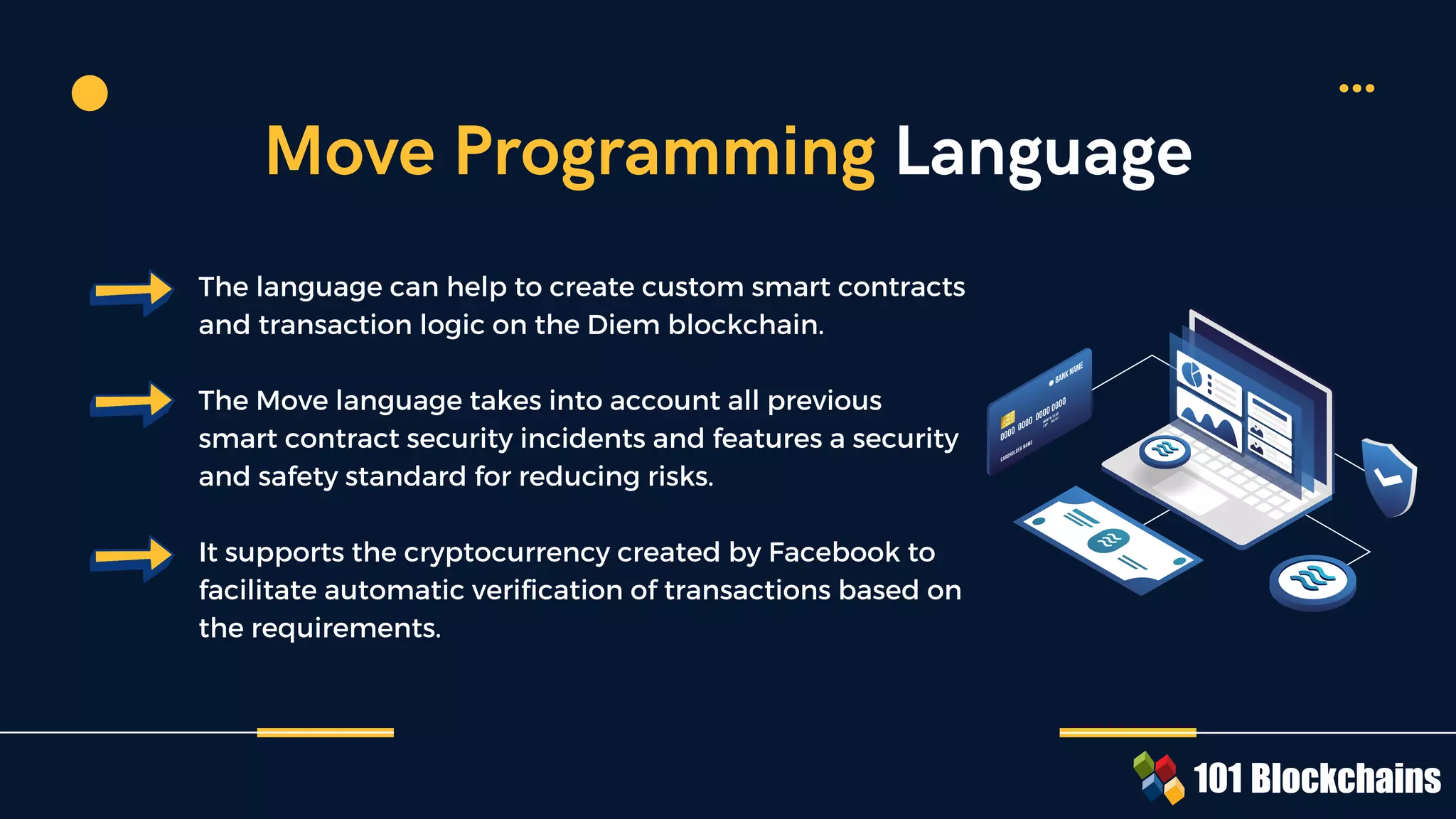 The language can help to create custom smart contracts
and transaction logic on the Diem blockchain.
The Move language takes into account all previous
smart contract security incidents and features a security
and safety standard for reducing risks.
It supports the cryptocurrency created by Facebook to
facilitate automatic verification of transactions based on
the requirements.
Move Programming Language
 