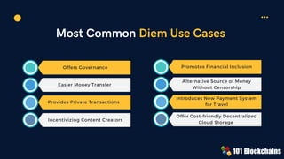 Most Common Diem Use Cases
8
5
%
1
5
%
It
e
m
2
9
5
%
It
e
m
1
5
%
9
0
%
1
0
%
8
0
%
2
0
%
5
5
%
4
5
%
60%
40%
Ite
m
2
70
%
Ite
m
1
30
%
6
5
%
3
5
%
Offers Governance
Provides Private Transactions
Incentivizing Content Creators
Promotes Financial Inclusion
Easier Money Transfer
Introduces New Payment System
for Travel
Alternative Source of Money
Without Censorship
Offer Cost-friendly Decentralized
Cloud Storage
 