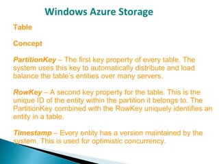 Windows Azure Storage
Table
Concept
PartitionKey – The first key property of every table. The
system uses this key to automatically distribute and load
balance the table’s entities over many servers.
RowKey – A second key property for the table. This is the
unique ID of the entity within the partition it belongs to. The
PartitionKey combined with the RowKey uniquely identifies an
entity in a table.
Timestamp – Every entity has a version maintained by the
system. This is used for optimistic concurrency.
 