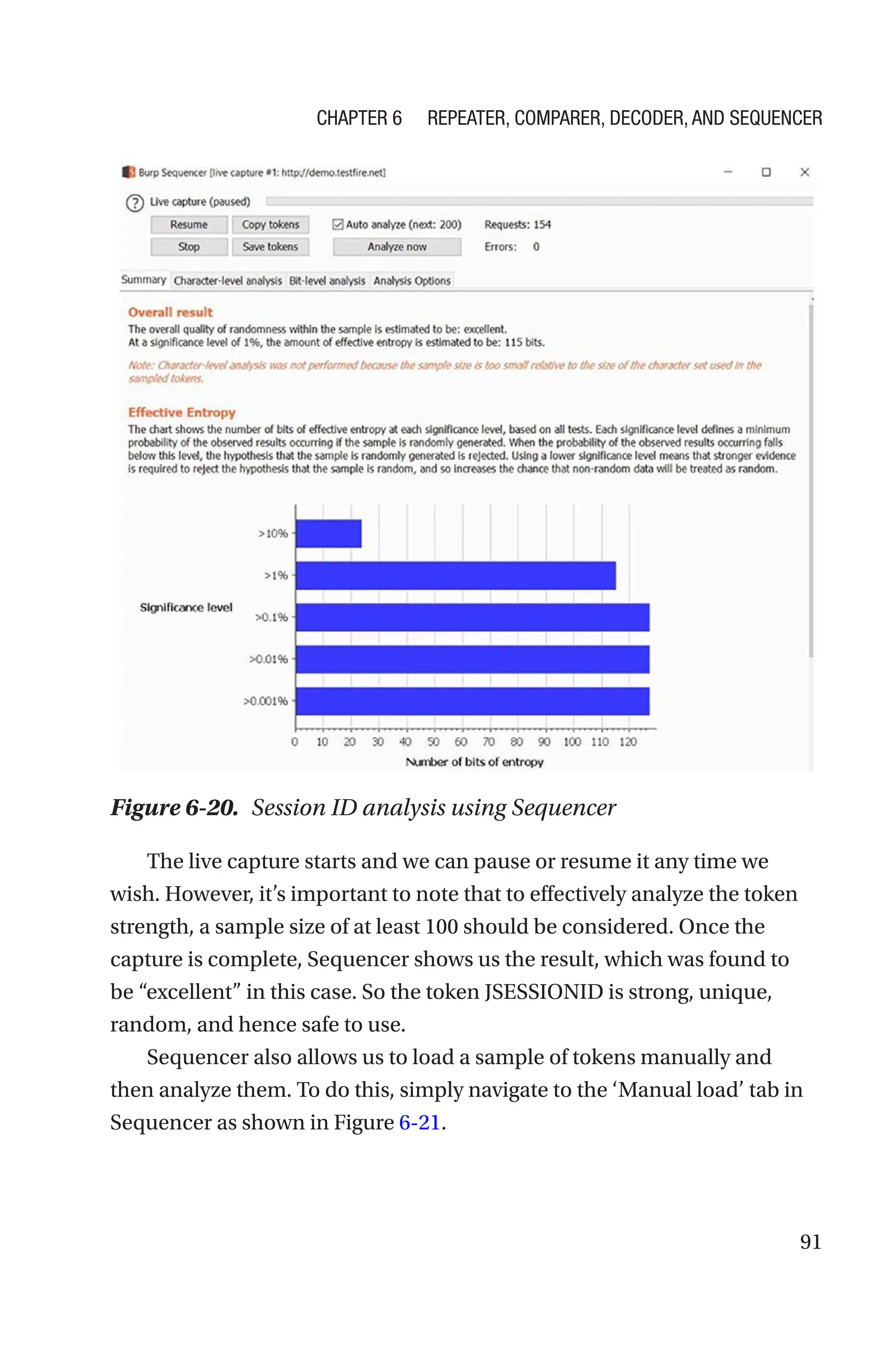 91
The live capture starts and we can pause or resume it any time we
wish. However, it’s important to note that to effectively analyze the token
strength, a sample size of at least 100 should be considered. Once the
capture is complete, Sequencer shows us the result, which was found to
be “excellent” in this case. So the token JSESSIONID is strong, unique,
random, and hence safe to use.
Sequencer also allows us to load a sample of tokens manually and
then analyze them. To do this, simply navigate to the ‘Manual load’ tab in
Sequencer as shown in Figure 6-21.
Figure 6-20. Session ID analysis using Sequencer
Chapter 6 Repeater, Comparer, Decoder, and Sequencer
 