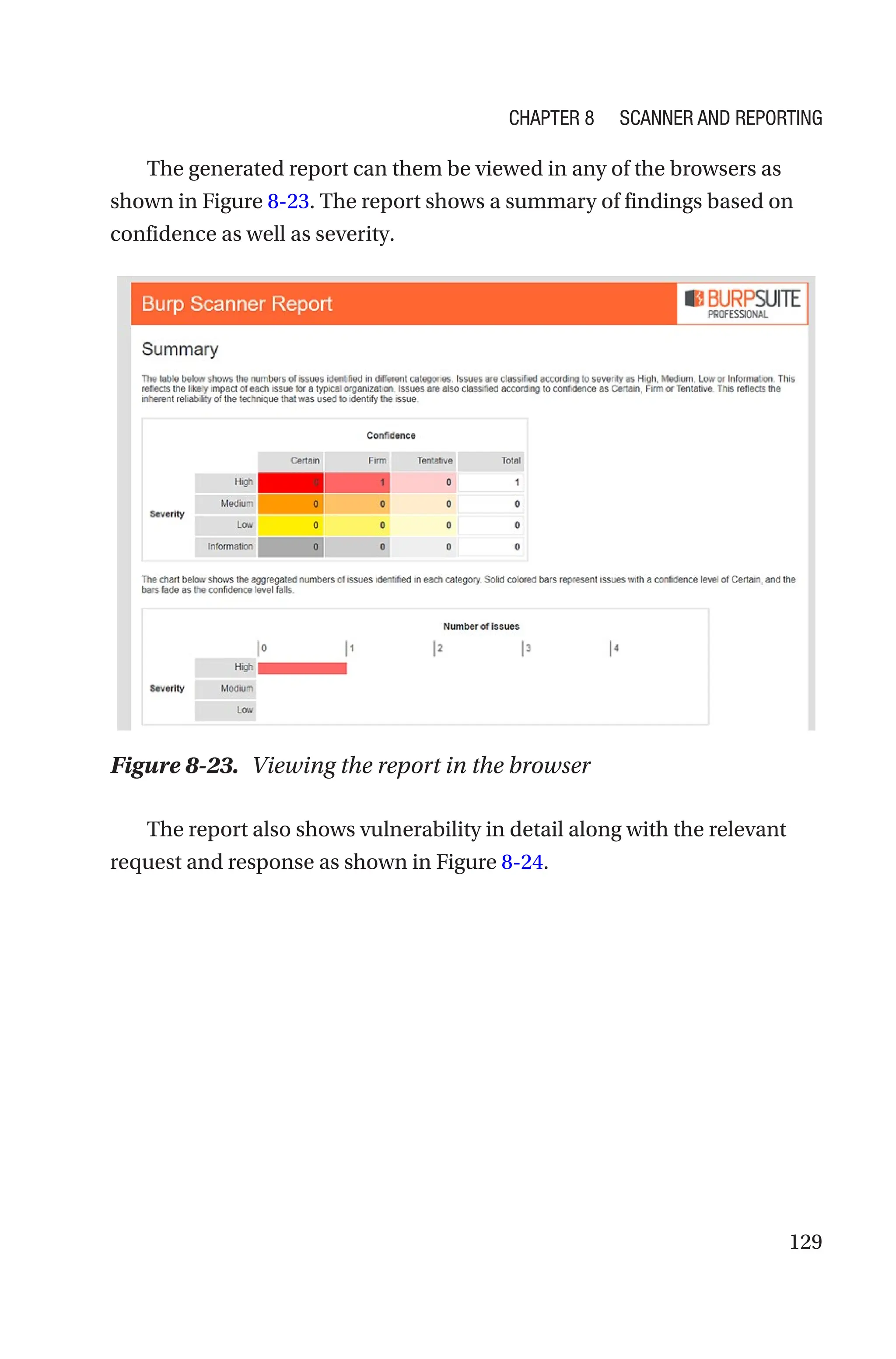 129
The generated report can them be viewed in any of the browsers as
shown in Figure 8-23. The report shows a summary of findings based on
confidence as well as severity.
The report also shows vulnerability in detail along with the relevant
request and response as shown in Figure 8-24.
Figure 8-23. Viewing the report in the browser
Chapter 8 Scanner and Reporting
 