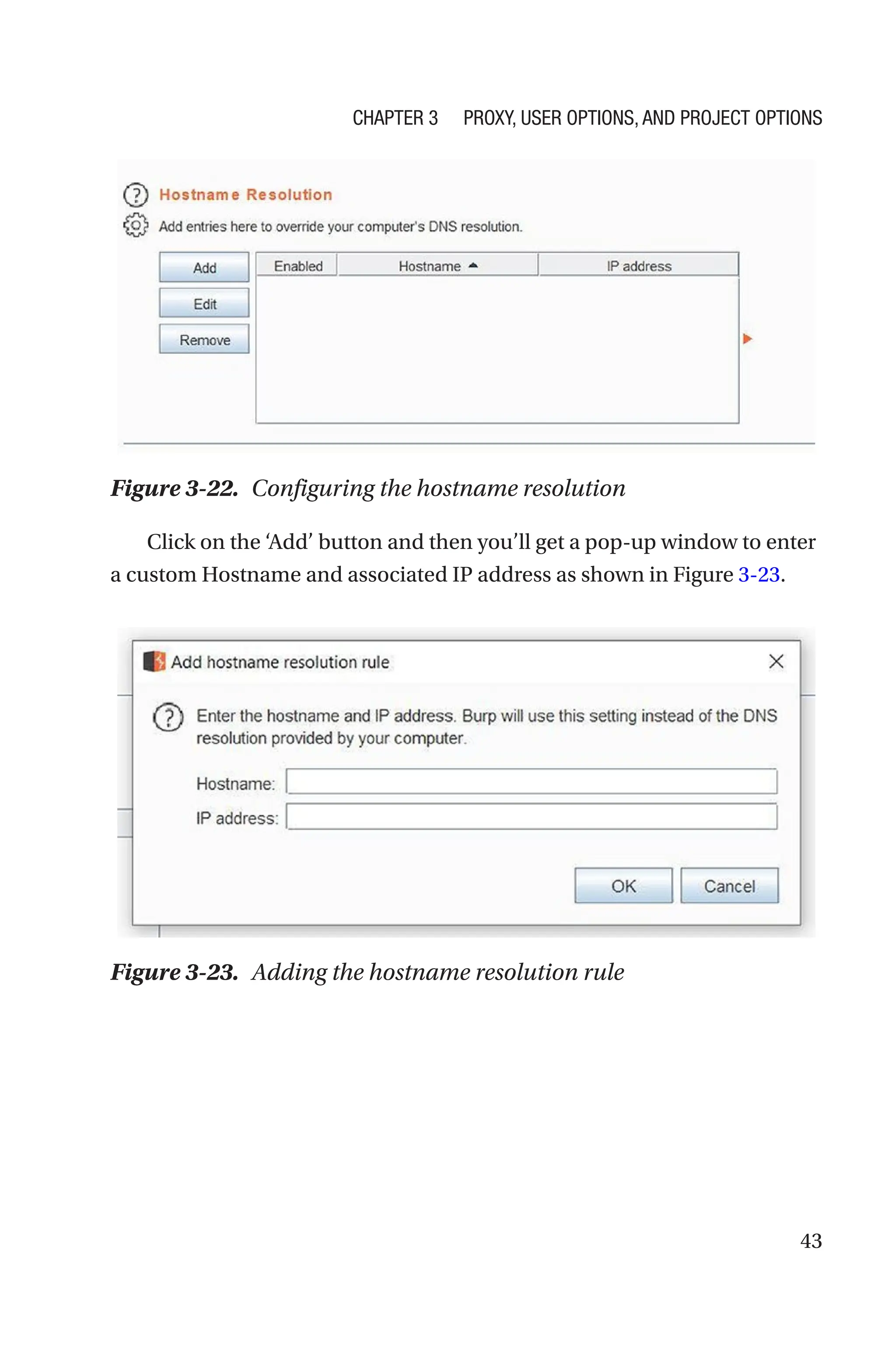 43
Click on the ‘Add’ button and then you’ll get a pop-up window to enter
a custom Hostname and associated IP address as shown in Figure 3-23.
Figure 3-23. Adding the hostname resolution rule
Figure 3-22. Configuring the hostname resolution
Chapter 3 Proxy, User Options, and Project Options
 