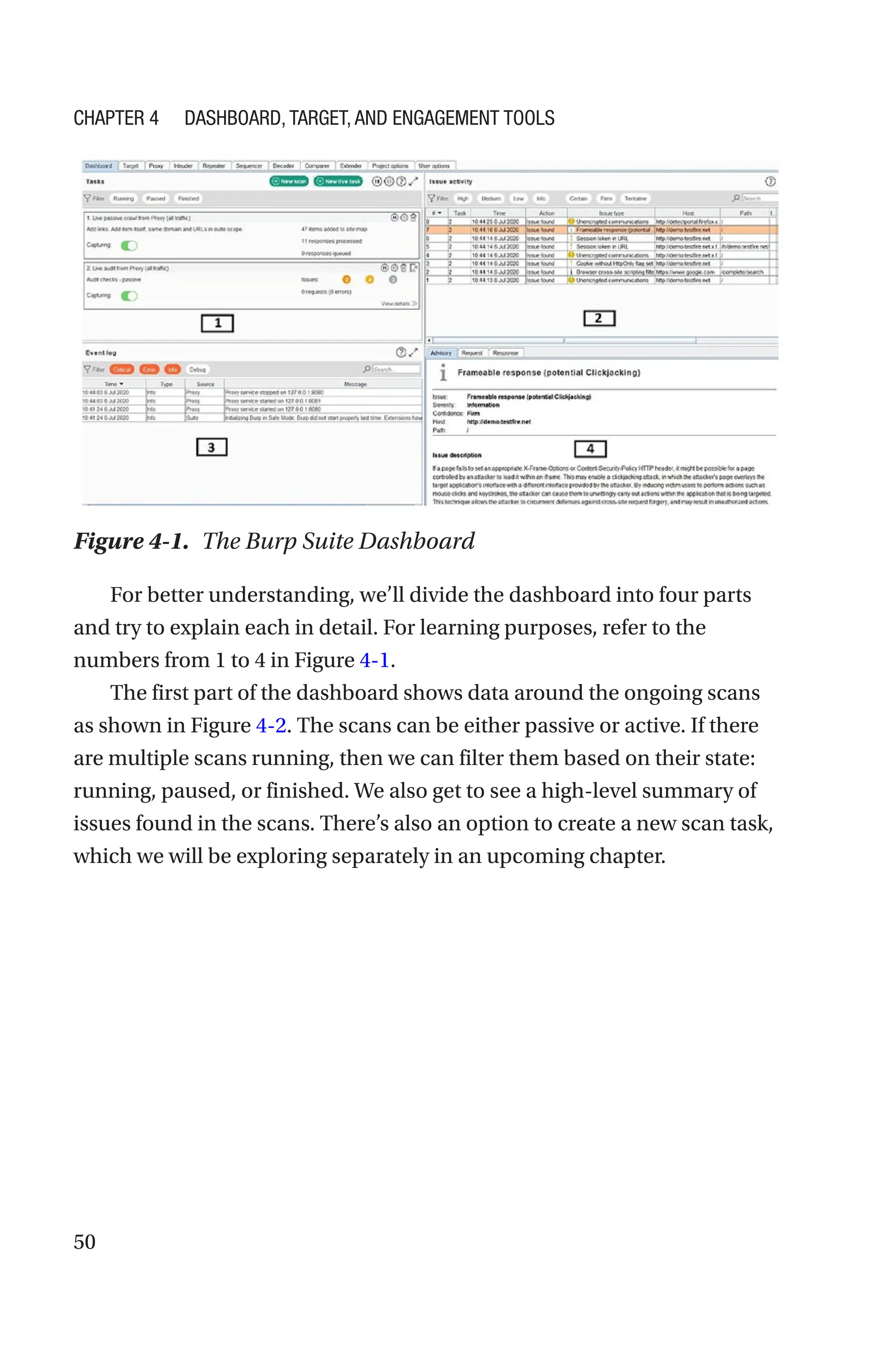 50
For better understanding, we’ll divide the dashboard into four parts
and try to explain each in detail. For learning purposes, refer to the
numbers from 1 to 4 in Figure 4-1.
The first part of the dashboard shows data around the ongoing scans
as shown in Figure 4-2. The scans can be either passive or active. If there
are multiple scans running, then we can filter them based on their state:
running, paused, or finished. We also get to see a high-level summary of
issues found in the scans. There’s also an option to create a new scan task,
which we will be exploring separately in an upcoming chapter.
Figure 4-1. The Burp Suite Dashboard
Chapter 4 Dashboard, Target, and Engagement Tools
 