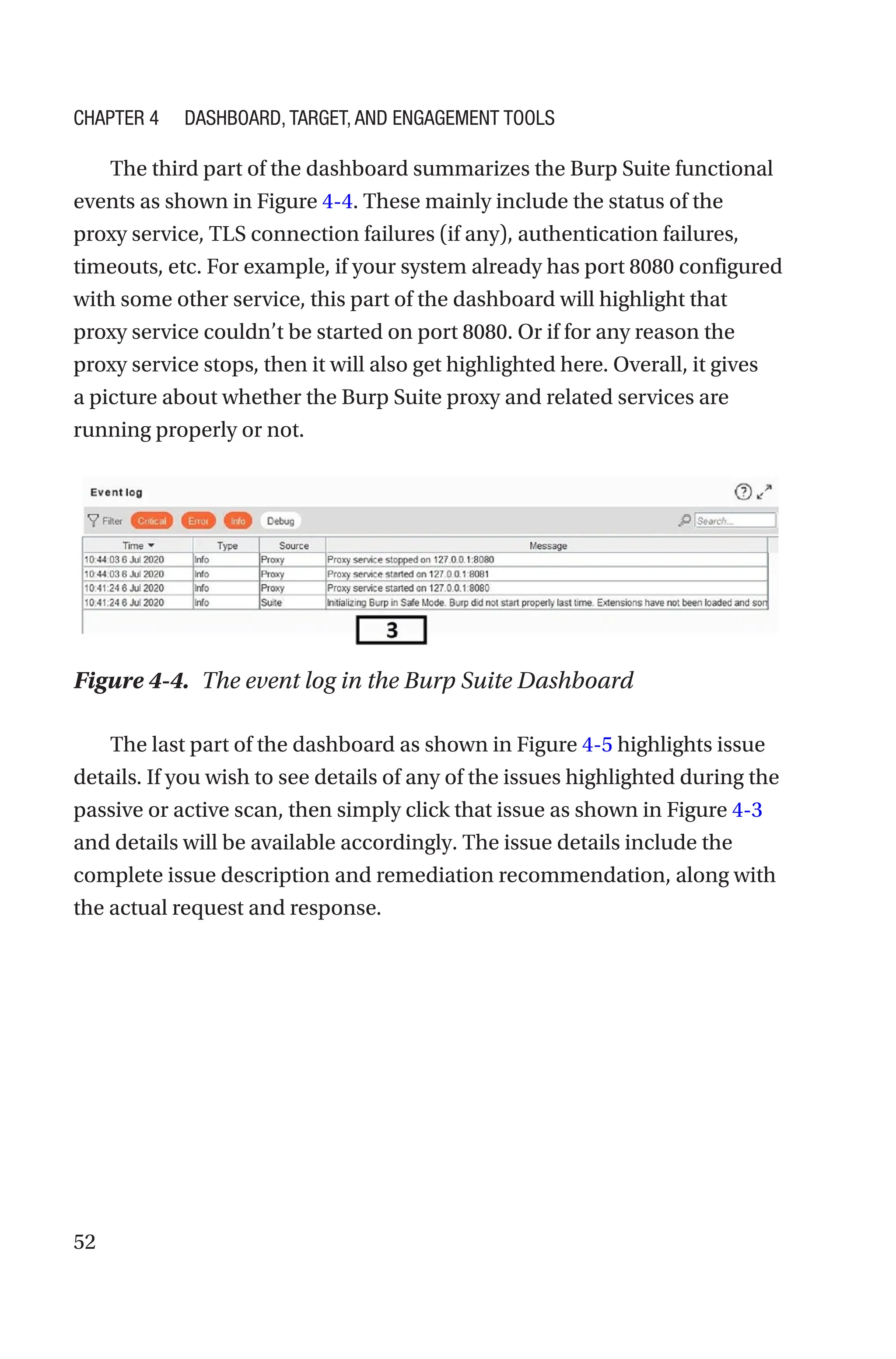 52
The third part of the dashboard summarizes the Burp Suite functional
events as shown in Figure 4-4. These mainly include the status of the
proxy service, TLS connection failures (if any), authentication failures,
timeouts, etc. For example, if your system already has port 8080 configured
with some other service, this part of the dashboard will highlight that
proxy service couldn’t be started on port 8080. Or if for any reason the
proxy service stops, then it will also get highlighted here. Overall, it gives
a picture about whether the Burp Suite proxy and related services are
running properly or not.
The last part of the dashboard as shown in Figure 4-5 highlights issue
details. If you wish to see details of any of the issues highlighted during the
passive or active scan, then simply click that issue as shown in Figure 4-­3
and details will be available accordingly. The issue details include the
complete issue description and remediation recommendation, along with
the actual request and response.
Figure 4-4. The event log in the Burp Suite Dashboard
Chapter 4 Dashboard, Target, and Engagement Tools
 