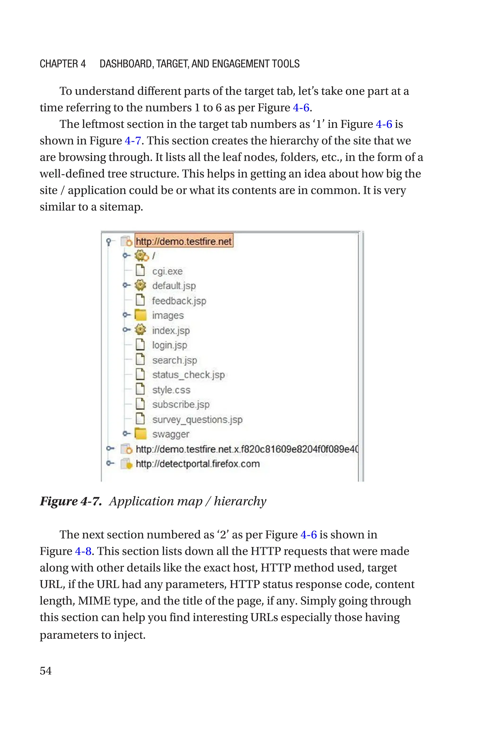 54
To understand different parts of the target tab, let’s take one part at a
time referring to the numbers 1 to 6 as per Figure 4-6.
The leftmost section in the target tab numbers as ‘1’ in Figure 4-6 is
shown in Figure 4-7. This section creates the hierarchy of the site that we
are browsing through. It lists all the leaf nodes, folders, etc., in the form of a
well-defined tree structure. This helps in getting an idea about how big the
site / application could be or what its contents are in common. It is very
similar to a sitemap.
The next section numbered as ‘2’ as per Figure 4-6 is shown in
Figure 4-8. This section lists down all the HTTP requests that were made
along with other details like the exact host, HTTP method used, target
URL, if the URL had any parameters, HTTP status response code, content
length, MIME type, and the title of the page, if any. Simply going through
this section can help you find interesting URLs especially those having
parameters to inject.
Figure 4-7. Application map / hierarchy
Chapter 4 Dashboard, Target, and Engagement Tools
 