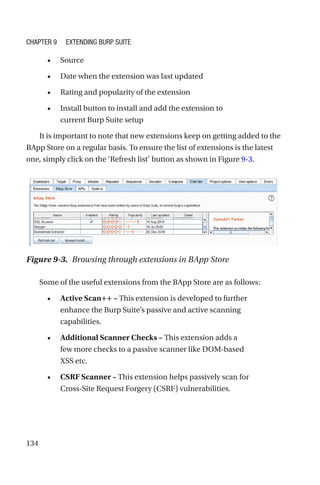 134
• Source
• Date when the extension was last updated
• Rating and popularity of the extension
• Install button to install and add the extension to
current Burp Suite setup
It is important to note that new extensions keep on getting added to the
BApp Store on a regular basis. To ensure the list of extensions is the latest
one, simply click on the ‘Refresh list’ button as shown in Figure 9-3.
Some of the useful extensions from the BApp Store are as follows:
• Active Scan++ – This extension is developed to further
enhance the Burp Suite’s passive and active scanning
capabilities.
• Additional Scanner Checks – This extension adds a
few more checks to a passive scanner like DOM-based
XSS etc.
• CSRF Scanner – This extension helps passively scan for
Cross-Site Request Forgery (CSRF) vulnerabilities.
Figure 9-3. Browsing through extensions in BApp Store
Chapter 9 Extending Burp Suite
 