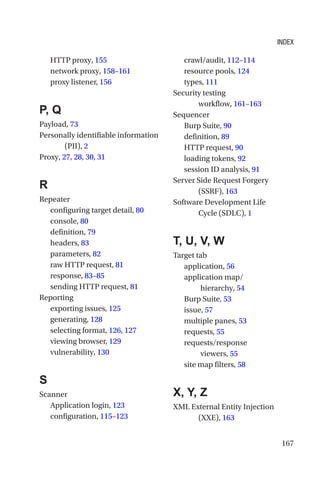 167
HTTP proxy, 155
network proxy, 158–161
proxy listener, 156
P, Q
Payload, 73
Personally identifiable information
(PII), 2
Proxy, 27, 28, 30, 31
R
Repeater
configuring target detail, 80
console, 80
definition, 79
headers, 83
parameters, 82
raw HTTP request, 81
response, 83–85
sending HTTP request, 81
Reporting
exporting issues, 125
generating, 128
selecting format, 126, 127
viewing browser, 129
vulnerability, 130
S
Scanner
Application login, 123
configuration, 115–123
crawl/audit, 112–114
resource pools, 124
types, 111
Security testing
workflow, 161–163
Sequencer
Burp Suite, 90
definition, 89
HTTP request, 90
loading tokens, 92
session ID analysis, 91
Server Side Request Forgery
(SSRF), 163
Software Development Life
Cycle (SDLC), 1
T, U, V, W
Target tab
application, 56
application map/
hierarchy, 54
Burp Suite, 53
issue, 57
multiple panes, 53
requests, 55
requests/response
viewers, 55
site map filters, 58
X, Y, Z
XML External Entity Injection
(XXE), 163
INDEX
 