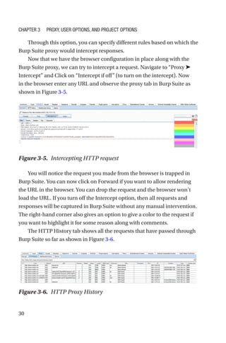 30
Through this option, you can specify different rules based on which the
Burp Suite proxy would intercept responses.
Now that we have the browser configuration in place along with the
Burp Suite proxy, we can try to intercept a request. Navigate to “Proxy ➤
Intercept” and Click on “Intercept if off” (to turn on the intercept). Now
in the browser enter any URL and observe the proxy tab in Burp Suite as
shown in Figure 3-5.
You will notice the request you made from the browser is trapped in
Burp Suite. You can now click on Forward if you want to allow rendering
the URL in the browser. You can drop the request and the browser won’t
load the URL. If you turn off the Intercept option, then all requests and
responses will be captured in Burp Suite without any manual intervention.
The right-hand corner also gives an option to give a color to the request if
you want to highlight it for some reason along with comments.
The HTTP History tab shows all the requests that have passed through
Burp Suite so far as shown in Figure 3-6.
Figure 3-5. Intercepting HTTP request
Figure 3-6. HTTP Proxy History
Chapter 3 Proxy, User Options, and Project Options
 
