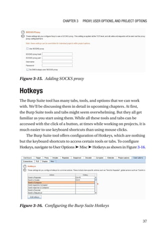 37
Hotkeys
The Burp Suite tool has many tabs, tools, and options that we can work
with. We’ll be discussing them in detail in upcoming chapters. At first,
the Burp Suite tools and tabs might seem overwhelming. But they all get
familiar as you start using them. While all these tools and tabs can be
accessed with the click of a button, at times while working on projects, it is
much easier to use keyboard shortcuts than using mouse clicks.
The Burp Suite tool offers configuration of Hotkeys, which are nothing
but the keyboard shortcuts to access certain tools or tabs. To configure
Hotkeys, navigate to User Options ➤ Misc ➤ Hotkeys as shown in Figure 3-­16.
Figure 3-16. Configuring the Burp Suite Hotkeys
Figure 3-15. Adding SOCKS proxy
Chapter 3 Proxy, User Options, and Project Options
 