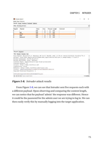 75
From Figure 5-8, we can see that Intruder sent five requests each with
a different payload. Upon observing and comparing the content length,
we can notice that for payload ‘admin’ the response was different. Hence
it could be the password for the admin user we are trying to log in. We can
then easily verify this by manually logging into the target application.
Figure 5-8. Intruder attack results
Chapter 5 Intruder
 