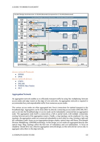 A GUIDE TO ORDER FULFILMENT
A COMPLETE GUIDE TO OSS 123
Access network Protocols
 PPPOE
 IPOE
Access network devices
 CMTS
 DSLAM
 WiMAX Base Station
 OLT
Aggregation Network
An aggregation network enables us to efficiently transport traffic by using line multiplexing between
access nodes and edge routers at the edge of core networks. An aggregation network is required to
accommodate busy and unpredictable traffic from numerous access nodes.
The various access nodes are often aggregated into fewer connections for optimal transport to the
broadband edge. Aggregation can be done either by directly connecting access nodes (DSLAM, OLT,
and so on) into the broadband edge or access node can be redundantly connected into an aggregation
node. The aggregation node itself is connected as a full or partial mesh, with multiple connections
existing between each of the aggregation routers. Finally, a ring topology can be employed. In a ring
topology, the aggregation nodes are connected redundantly to each other in a ring, forming a right and
left redundancy path. Some access/aggregation designs employ optical rings and Dense Wavelength
Division Multiplexing (DWDM) technology. In this design, access nodes are aggregated directly onto
optical rings. Ring topology offers the best mix of redundancy and cost optimization. A focus on
simplicity should drive any effective aggregation network design, as this network tier serves only to
aggregate subscribers to the edge network.
 