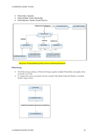 A COMPLETE GUIDE TO OSS
A COMPLETE GUIDE TO OSS 24
 PolicyValue- Quantity
 PolicyVariable- Entity Placeholder
 PolicyOperator- Equals, GreaterThan etc.
Diagram- ProductOffering PolicyAction and PolicyStatement
PolicyGroup
 The PolicyGroup subclass of PolicySet brings together multiple PolicyRules and applies them
as atomic set of rule.
 To support the action associated with the complex PolicyRules PolicySet Model is extended
further. Figure below-
 