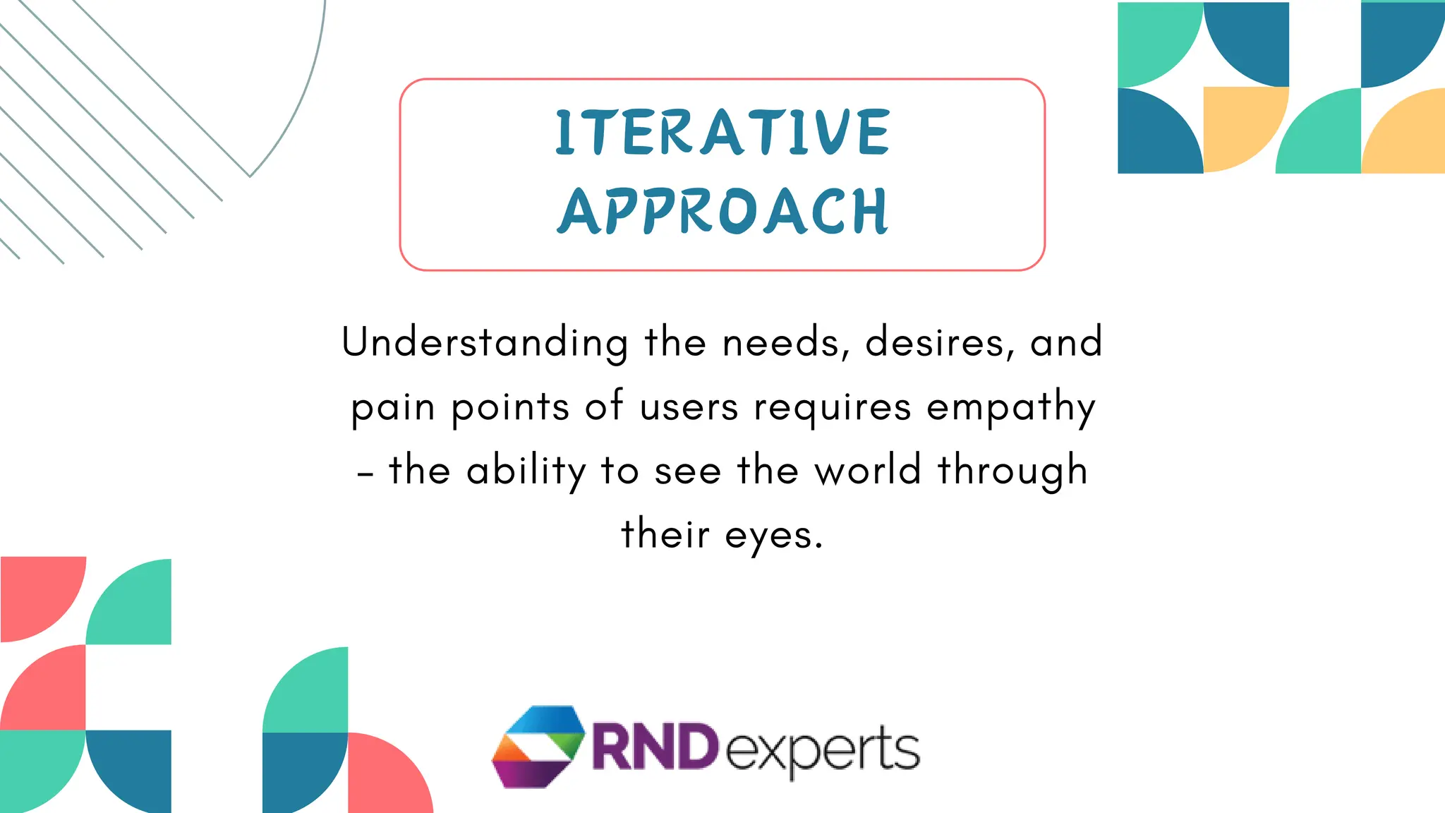 ITERATIVE
APPROACH
Understanding the needs, desires, and
pain points of users requires empathy
– the ability to see the world through
their eyes.
ITERATIVE
APPROACH
 