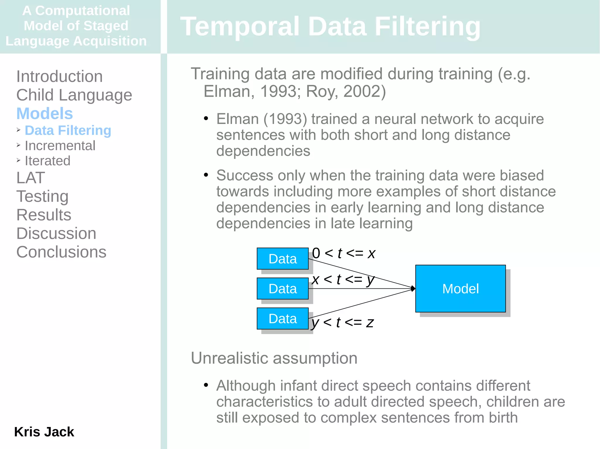 A Computational
  Model of Staged
Language Acquisition
                       Temporal Data Filtering
 Introduction          Training data are modified during training (e.g.
 Child Language          Elman, 1993; Roy, 2002)
 Models                    Elman (1993) trained a neural network to acquire
 ➢ Data Filtering           sentences with both short and long distance
 ➢ Incremental

 ➢ Iterated
                            dependencies
 LAT                       Success only when the training data were biased
 Testing                    towards including more examples of short distance
                            dependencies in early learning and long distance
 Results                    dependencies in late learning
 Discussion
 Conclusions                        Data 0 < t <= x
                                    Data
                                           x < t <= y
                                    Data
                                    Data                      Model
                                                              Model
                                    Data y < t <= z
                                    Data

                       Unrealistic assumption
                           Although infant direct speech contains different
                            characteristics to adult directed speech, children are
                            still exposed to complex sentences from birth
 Kris Jack
 