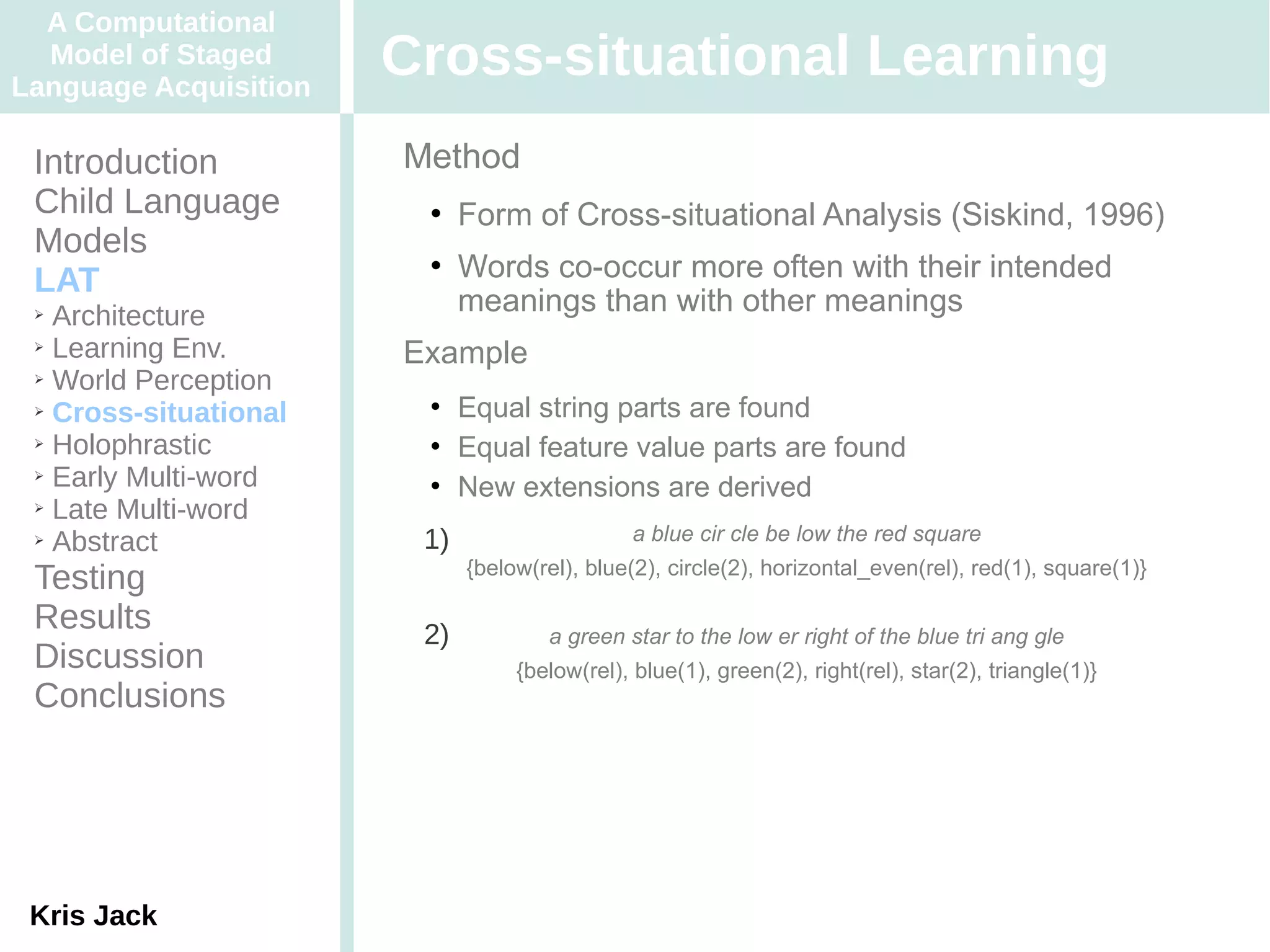 A Computational
  Model of Staged
Language Acquisition
                       Cross-situational Learning
 Introduction          Method
 Child Language             Form of Cross-situational Analysis (Siskind, 1996)
 Models
 LAT
                            Words co-occur more often with their intended
 ➢ Architecture              meanings than with other meanings
 ➢ Learning Env.
                       Example
 ➢ World Perception

 ➢ Cross-situational        Equal string parts are found
 ➢ Holophrastic             Equal feature value parts are found
 ➢ Early Multi-word
                            New extensions are derived
 ➢ Late Multi-word

 ➢ Abstract             1)                    a blue cir cle be low the red square
                             {below(rel), blue(2), circle(2), horizontal_even(rel), red(1), square(1)}
 Testing
 Results                2)           a green star to the low er right of the blue tri ang gle
 Discussion                       {below(rel), blue(1), green(2), right(rel), star(2), triangle(1)}
 Conclusions




 Kris Jack
 