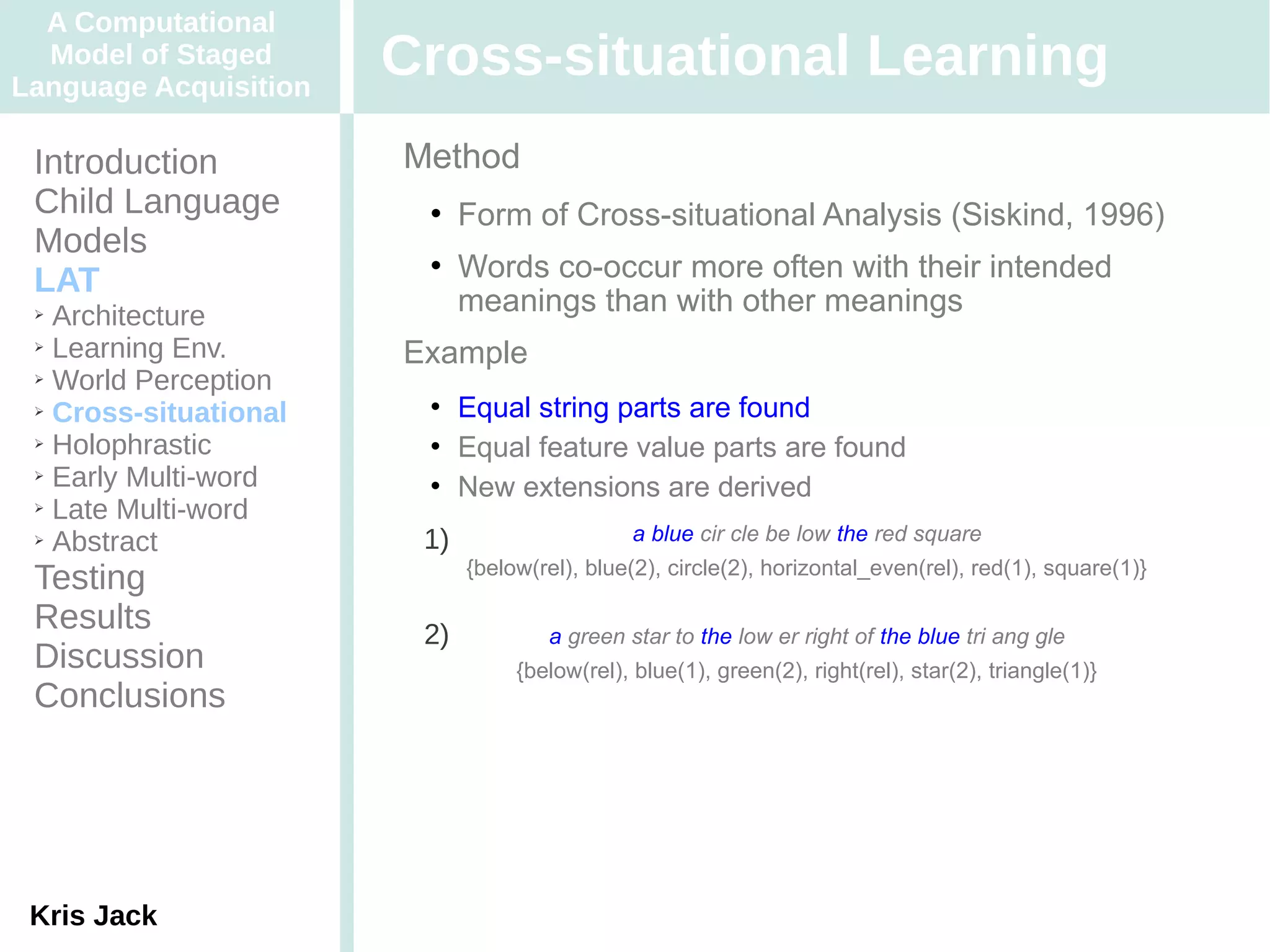 A Computational
  Model of Staged
Language Acquisition
                       Cross-situational Learning
 Introduction          Method
 Child Language             Form of Cross-situational Analysis (Siskind, 1996)
 Models
 LAT
                            Words co-occur more often with their intended
 ➢ Architecture              meanings than with other meanings
 ➢ Learning Env.
                       Example
 ➢ World Perception

 ➢ Cross-situational        Equal string parts are found
 ➢ Holophrastic             Equal feature value parts are found
 ➢ Early Multi-word
                            New extensions are derived
 ➢ Late Multi-word

 ➢ Abstract             1)                    a blue cir cle be low the red square
                             {below(rel), blue(2), circle(2), horizontal_even(rel), red(1), square(1)}
 Testing
 Results                2)           a green star to the low er right of the blue tri ang gle
 Discussion                       {below(rel), blue(1), green(2), right(rel), star(2), triangle(1)}
 Conclusions




 Kris Jack
 
