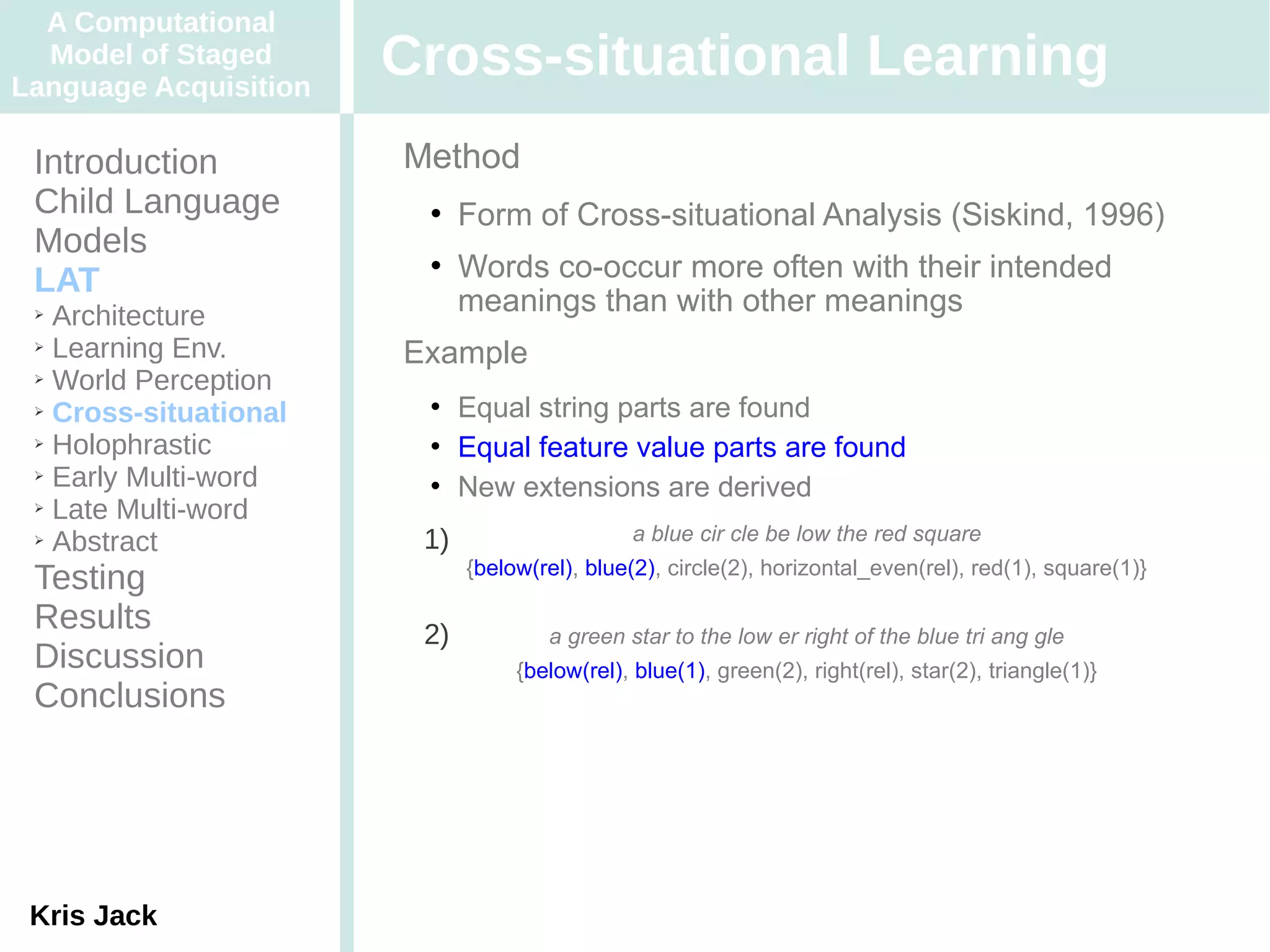 A Computational
  Model of Staged
Language Acquisition
                       Cross-situational Learning
 Introduction          Method
 Child Language             Form of Cross-situational Analysis (Siskind, 1996)
 Models
 LAT
                            Words co-occur more often with their intended
 ➢ Architecture              meanings than with other meanings
 ➢ Learning Env.
                       Example
 ➢ World Perception

 ➢ Cross-situational        Equal string parts are found
 ➢ Holophrastic             Equal feature value parts are found
 ➢ Early Multi-word
                            New extensions are derived
 ➢ Late Multi-word

 ➢ Abstract             1)                    a blue cir cle be low the red square
                             {below(rel), blue(2), circle(2), horizontal_even(rel), red(1), square(1)}
 Testing
 Results                2)           a green star to the low er right of the blue tri ang gle
 Discussion                       {below(rel), blue(1), green(2), right(rel), star(2), triangle(1)}
 Conclusions




 Kris Jack
 