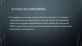 O CICLO DO NITROGÊNIO
• O nitrogênio é encontrado na forma de N2 na atmosfera. É o principal
componente do ar, correspondendo a cerca de 78% de sua composição.
Apesar de sua grande disponibilidade, poucas espécies são capazes de
utilizá-lo dessa forma, sendo essa uma capacidade atribuída a alguns tipos
de bactérias e cianobactérias.
 