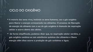 CICLO DO OXIGÊNIO
• A maioria dos seres vivos, incluindo os seres humanos, usa o gás oxigênio
para liberar a energia armazenada nos alimentos. O processo de liberação
de energia do alimento com o uso do gás oxigênio é chamado de respiração
celular e ocorro dentro das células.
• de forma simplificada, podemos dizer que, na respiração celular aeróbia, o
gás oxigênio combina-se com substâncias químicas dos alimentos e libera
energia além disso ocorre a produção de gás carbônico e água.
 