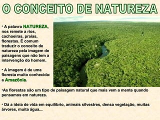 • A palavraA palavra NATUREZANATUREZA,,
nos remete a rios,nos remete a rios,
cachoeiras, praias,cachoeiras, praias,
florestas. É comumflorestas. É comum
traduzir o conceito detraduzir o conceito de
natureza pela imagem denatureza pela imagem de
paisagens que não tem apaisagens que não tem a
intervenção do homem.intervenção do homem.
• A imagem é de umaA imagem é de uma
floresta muito conhecida:floresta muito conhecida:
aa AmazôniaAmazônia..
•As florestas são um tipo de paisagem natural que mais vem a mente quandoAs florestas são um tipo de paisagem natural que mais vem a mente quando
pensamos em natureza.pensamos em natureza.
• Dá a ideia de vida em equilíbrio, animais silvestres, densa vegetação, muitasDá a ideia de vida em equilíbrio, animais silvestres, densa vegetação, muitas
árvores, muita água...árvores, muita água...
 