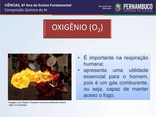 OXIGÊNIO (O2)
• É importante na respiração
humana;
• apresenta uma utilidade
essencial para o homem,
pois é um gás comburente,
ou seja, capaz de manter
aceso o fogo.
CIÊNCIAS, 6º Ano do Ensino Fundamental
Composição Química do Ar
Imagem: Luc Viatour / Creative Commons Attribution-Share
Alike 3.0 Unported
 