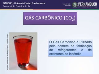 O Gás Carbônico é utilizado
pelo homem na fabricação
de refrigerantes e de
extintores de incêndio.
CIÊNCIAS, 6º Ano do Ensino Fundamental
Composição Química do Ar
Imagem:
Refrigerante
de
Morango
/
Kotra
/
Domínio
Público
GÁS CARBÔNICO (CO2)
 