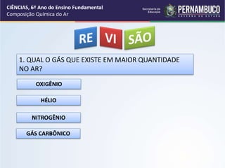 1. QUAL O GÁS QUE EXISTE EM MAIOR QUANTIDADE
NO AR?
OXIGÊNIO
HÉLIO
NITROGÊNIO
GÁS CARBÔNICO
CIÊNCIAS, 6º Ano do Ensino Fundamental
Composição Química do Ar
 