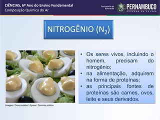 NITROGÊNIO (N2)
• Os seres vivos, incluindo o
homem, precisam do
nitrogênio;
• na alimentação, adquirem
na forma de proteínas;
• as principais fontes de
proteínas são carnes, ovos,
leite e seus derivados.
CIÊNCIAS, 6º Ano do Ensino Fundamental
Composição Química do Ar
Imagem: Ovos cozidos / Eyone / Domínio público
 