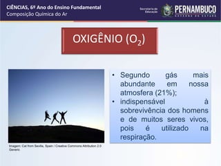OXIGÊNIO (O2)
• Segundo gás mais
abundante em nossa
atmosfera (21%);
• indispensável à
sobrevivência dos homens
e de muitos seres vivos,
pois é utilizado na
respiração.
CIÊNCIAS, 6º Ano do Ensino Fundamental
Composição Química do Ar
Imagem: Cat from Sevilla, Spain / Creative Commons Attribution 2.0
Generic
 