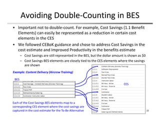 Avoiding Double‐Counting in BES
22
• Important not to double‐count. For example, Cost Savings (1.1 Benefit 
Elements) can easily be represented as a reduction in certain cost 
elements in the CES
• We followed CEBoK guidance and chose to address Cost Savings in the 
cost estimate and Improved Productivity in the benefits estimate
– Cost Savings are still represented in the BES, but the dollar amount is shown as $0
– Cost Savings BES elements are closely tied to the CES elements where the savings 
are shown
Example: Content Delivery (Aircrew Training)
BES
CES
Each of the Cost Savings BES elements map to a 
corresponding CES element where the cost savings are 
captured in the cost estimate for the To‐Be Alternative
 