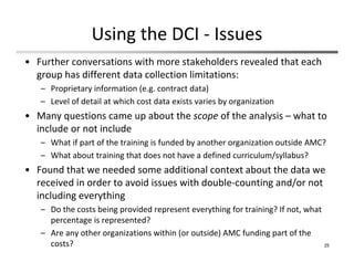 Using the DCI ‐ Issues
• Further conversations with more stakeholders revealed that each 
group has different data collection limitations:
– Proprietary information (e.g. contract data)
– Level of detail at which cost data exists varies by organization
• Many questions came up about the scope of the analysis – what to 
include or not include
– What if part of the training is funded by another organization outside AMC?
– What about training that does not have a defined curriculum/syllabus?
• Found that we needed some additional context about the data we 
received in order to avoid issues with double‐counting and/or not 
including everything
– Do the costs being provided represent everything for training? If not, what 
percentage is represented?
– Are any other organizations within (or outside) AMC funding part of the 
costs? 25
 
