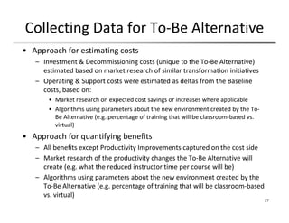 Collecting Data for To‐Be Alternative
• Approach for estimating costs
– Investment & Decommissioning costs (unique to the To‐Be Alternative) 
estimated based on market research of similar transformation initiatives
– Operating & Support costs were estimated as deltas from the Baseline 
costs, based on:
• Market research on expected cost savings or increases where applicable
• Algorithms using parameters about the new environment created by the To‐
Be Alternative (e.g. percentage of training that will be classroom‐based vs. 
virtual)
• Approach for quantifying benefits
– All benefits except Productivity Improvements captured on the cost side
– Market research of the productivity changes the To‐Be Alternative will 
create (e.g. what the reduced instructor time per course will be)
– Algorithms using parameters about the new environment created by the 
To‐Be Alternative (e.g. percentage of training that will be classroom‐based 
vs. virtual)
27
 