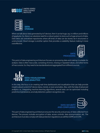 us .org
dsi
When we talk about data generated by IoT devices, then it can be huge, say, in millions and trillions
of gigabytes. So, there is an absolute need for a robust system to store such a huge amount of data.
Data lakes are centralized repositories where all kinds of data can be stored, be it structured or
unstructured. Cloud storage is another option that provides a scalability feature making it more
costeffective.
DATA
STORAGE
This point of data engineering architecture focuses on processing data and making it suitable for
analysis. Data is often inaccurate, consisting of errors, missing or repeated values, and other forms
ofinaccuracies.So,theyneedtobestandardizedandaggregatedfromdifferentsources.
DATA
PROCESSING
In this step, the focus is on creating real-time dashboards and visualization that can help provide
insights about current IoT device status, trends, or even anomalies. Also, with the help of advanced
analytics i.e., integrating machine learning algorithms, several tasks can be optimized including
predictivemaintenance,anomalydetection,patternrecognition,etc.
DATA VISUALIZATION
AND ANALYTICS
This part of data engineering architecture ensures the security and privacy of data collected from
devices. The process includes encryption of data, access controls, data anonymization, etc. The
architecturemustalsocomplywithdataprotectionregulationsaswelllikeGDPRandCCPA.
DATA SECURITY
AND COMPLIANCE
© Copyright 2024. United States Data Science Institute. All Rights Reserved
 