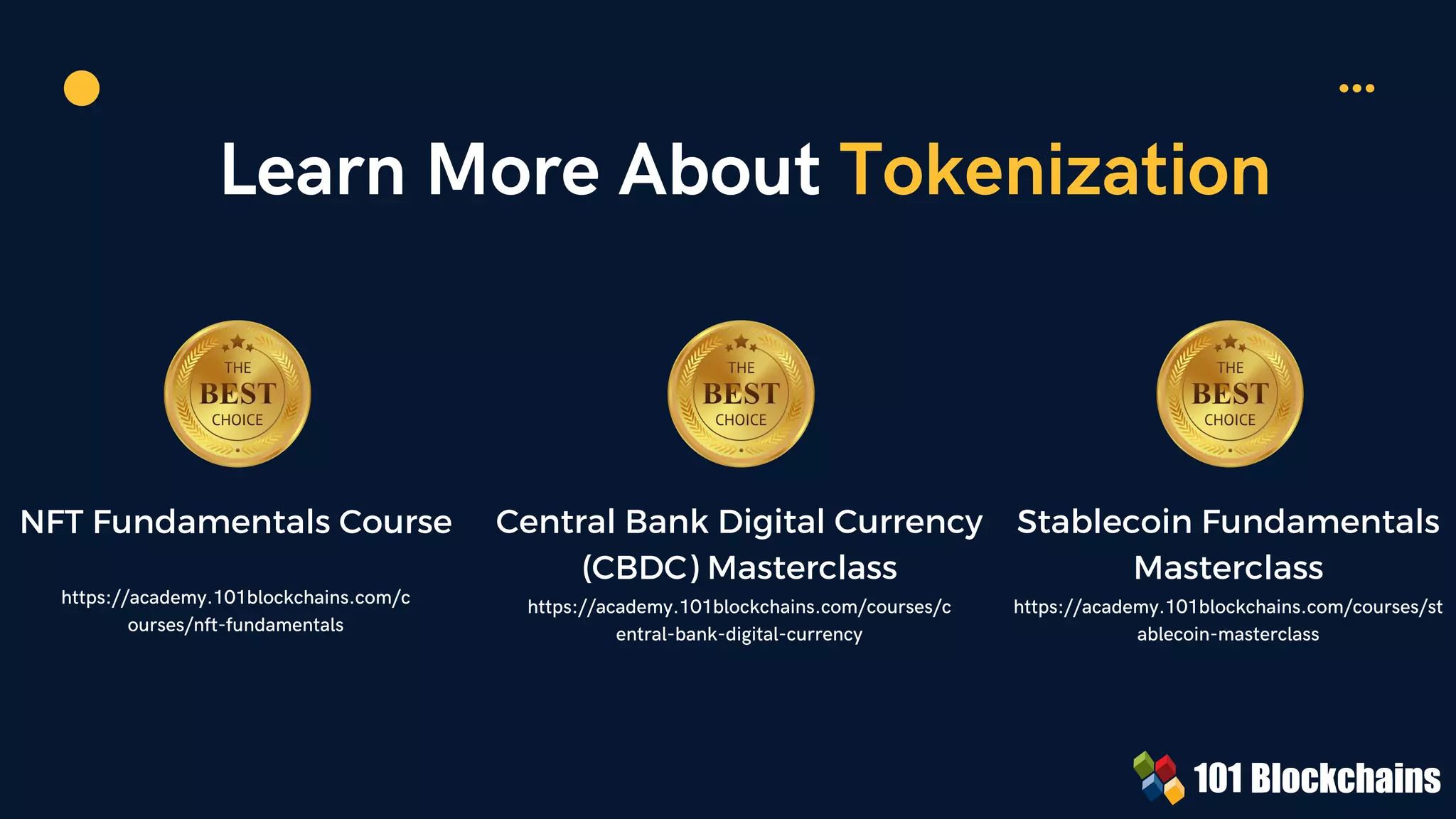 Learn More About Tokenization
NFT Fundamentals Course
https://academy.101blockchains.com/c
ourses/nft-fundamentals
Central Bank Digital Currency
(CBDC) Masterclass


https://academy.101blockchains.com/courses/c
entral-bank-digital-currency
Stablecoin Fundamentals
Masterclass
https://academy.101blockchains.com/courses/st
ablecoin-masterclass
 