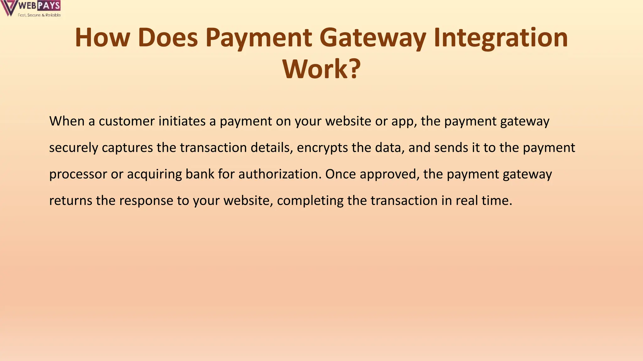 How Does Payment Gateway Integration
Work?
When a customer initiates a payment on your website or app, the payment gateway
securely captures the transaction details, encrypts the data, and sends it to the payment
processor or acquiring bank for authorization. Once approved, the payment gateway
returns the response to your website, completing the transaction in real time.
 