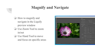 Magnify and Navigate
❏ How to magnify and
navigate in the Liquify
preview window
❏ Use Zoom Tool to zoom
in/out
❏ Use Hand Tool to move
and focus on specific areas
 