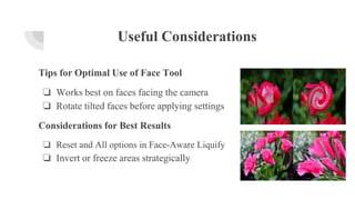 Useful Considerations
Tips for Optimal Use of Face Tool
❏ Works best on faces facing the camera
❏ Rotate tilted faces before applying settings
Considerations for Best Results
❏ Reset and All options in Face-Aware Liquify
❏ Invert or freeze areas strategically
 