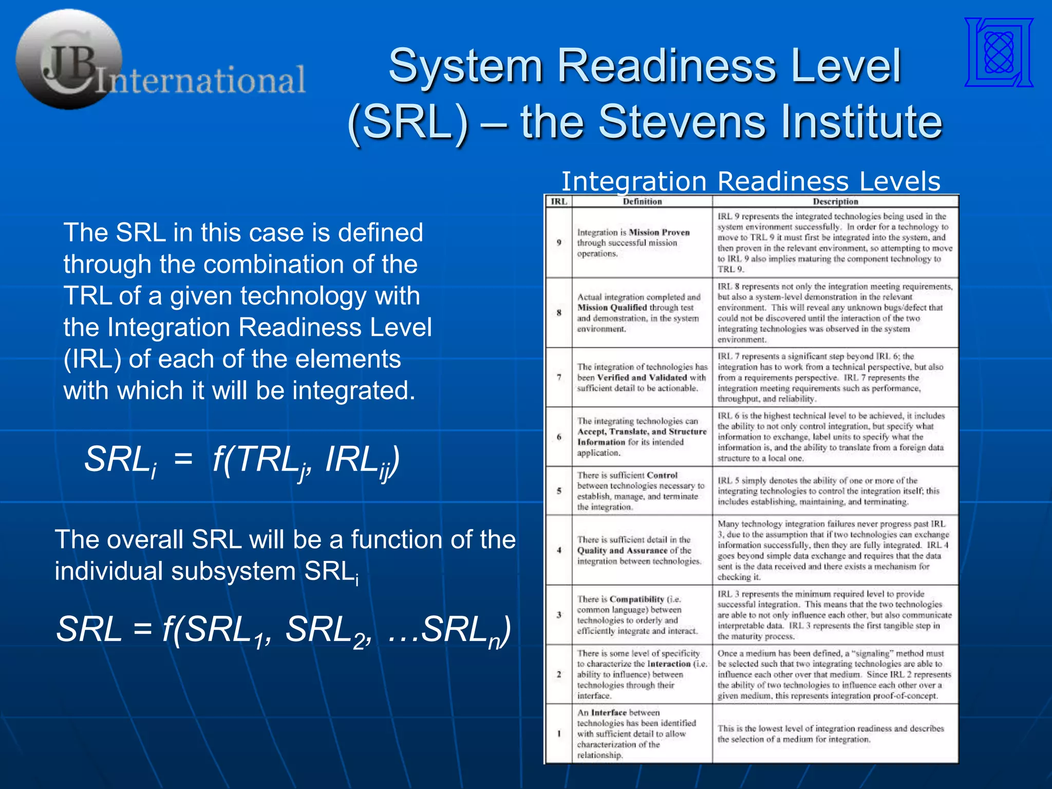 System Readiness Level (SRL) – UK Ministry of DefenseSRLs are intended to be ‘descriptive’ and not ‘absolute’ as work on each systems discipline may progress at different rates. An SRL assessment therefore produces a ‘signature’ rather than an absolute single point SRL figure. The signature records the variation of maturity that has been achieved across the systems disciplines, acknowledging that not all projects mature against the systems disciplines at a consistent rate. The color of the boxes in the Systems Maturity Matrix is determined by analysis of the SRL signature obtained against the expectations for SRL maturity at the time of reviewSRL Self Assessment Tool Results