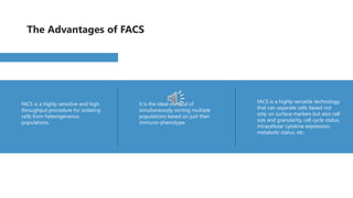 FACS is a highly sensitive and high
throughput procedure for isolating
cells from heterogeneous
populations.
It is the ideal method of
simultaneously sorting multiple
populations based on just their
immuno-phenotype.
FACS is a highly versatile technology
that can separate cells based not
only on surface markers but also cell
size and granularity, cell cycle status,
intracellular cytokine expression,
metabolic status, etc.
The Advantages of FACS
 