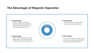 MACS is a high throughput,
selective and rapid method for
isolating target populations or
removing undesired cells.
Advantages
Advantages
MACS can be scaled up or down
depending on the desired yield
and the downstream applications.
Advantages
It can be extended to a wide range
of cells and over various platforms
including microfluidic devices.
Advantages
The MACS columns help isolate
rare cells with high specificity.
The Advantages of Magnetic Separation
 