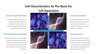 Cell Characteristics As The Basis For
Cell Separation
The physical properties of size and
density are commonly used for the
bulk recovery of cells; either by
sedimentation, filtration or density
gradient centrifugation.
Cell size and density
Specific binding of surface antigens
to either antibodies or aptamers can
selectively capture cells of the specific
surface phenotype. The captured cells
are subsequently detected with the
help of measurable probes.
Surface markers
This feature determines the extent of
attachment of cells to plastic and
other polymer surfaces and can be
used to separate adherent cells from
suspension/free-floating cells.
Surface charge & adhesion
Different cell types can be distinguished
by shape, histological staining, media-
selective growth, redox potential and
other visual and behavioral properties
which can then be harnessed to isolate
those cells.
Cell morphology & physiology
 