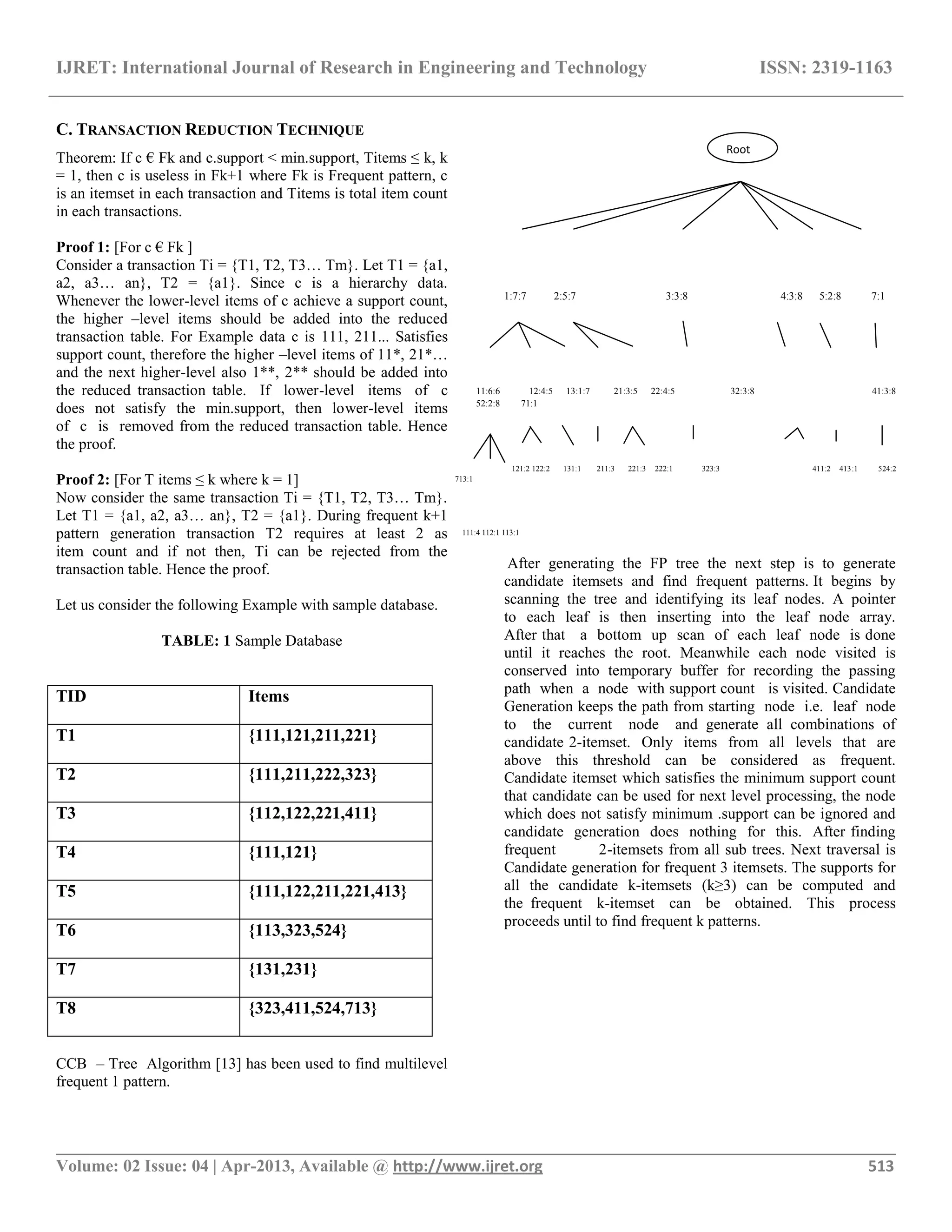 IJRET: International Journal of Research in Engineering and Technology ISSN: 2319-1163
__________________________________________________________________________________________
Volume: 02 Issue: 04 | Apr-2013, Available @ http://www.ijret.org 513
C. TRANSACTION REDUCTION TECHNIQUE
Theorem: If c € Fk and c.support < min.support, Titems ≤ k, k
= 1, then c is useless in Fk+1 where Fk is Frequent pattern, c
is an itemset in each transaction and Titems is total item count
in each transactions.
Proof 1: [For c € Fk ]
Consider a transaction Ti = {T1, T2, T3… Tm}. Let T1 = {a1,
a2, a3… an}, T2 = {a1}. Since c is a hierarchy data.
Whenever the lower-level items of c achieve a support count,
the higher –level items should be added into the reduced
transaction table. For Example data c is 111, 211... Satisfies
support count, therefore the higher –level items of 11*, 21*…
and the next higher-level also 1**, 2** should be added into
the reduced transaction table. If lower-level items of c
does not satisfy the min.support, then lower-level items
of c is removed from the reduced transaction table. Hence
the proof.
Proof 2: [For T items ≤ k where k = 1]
Now consider the same transaction Ti = {T1, T2, T3… Tm}.
Let T1 = {a1, a2, a3… an}, T2 = {a1}. During frequent k+1
pattern generation transaction T2 requires at least 2 as
item count and if not then, Ti can be rejected from the
transaction table. Hence the proof.
Let us consider the following Example with sample database.
TABLE: 1 Sample Database
CCB – Tree Algorithm [13] has been used to find multilevel
frequent 1 pattern.
1:7:7 2:5:7 3:3:8 4:3:8 5:2:8 7:1
11:6:6 12:4:5 13:1:7 21:3:5 22:4:5 32:3:8 41:3:8
52:2:8 71:1
121:2 122:2 131:1 211:3 221:3 222:1 323:3 411:2 413:1 524:2
713:1
111:4 112:1 113:1
After generating the FP tree the next step is to generate
candidate itemsets and find frequent patterns. It begins by
scanning the tree and identifying its leaf nodes. A pointer
to each leaf is then inserting into the leaf node array.
After that a bottom up scan of each leaf node is done
until it reaches the root. Meanwhile each node visited is
conserved into temporary buffer for recording the passing
path when a node with support count is visited. Candidate
Generation keeps the path from starting node i.e. leaf node
to the current node and generate all combinations of
candidate 2-itemset. Only items from all levels that are
above this threshold can be considered as frequent.
Candidate itemset which satisfies the minimum support count
that candidate can be used for next level processing, the node
which does not satisfy minimum .support can be ignored and
candidate generation does nothing for this. After finding
frequent 2-itemsets from all sub trees. Next traversal is
Candidate generation for frequent 3 itemsets. The supports for
all the candidate k-itemsets (k≥3) can be computed and
the frequent k-itemset can be obtained. This process
proceeds until to find frequent k patterns.
TID Items
T1 {111,121,211,221}
T2 {111,211,222,323}
T3 {112,122,221,411}
T4 {111,121}
T5 {111,122,211,221,413}
T6 {113,323,524}
T7 {131,231}
T8 {323,411,524,713}
Root
 